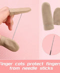 Needle Felting Kit With Three Size Sets Of 30 Needles Each Wooden Handle Tool Finger Cots And Essential Felting Supplies For DIY Wool Projects And Great For Hands On Crafting Fun, showing finger cots protecting fingers while holding needle.