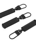 Three black zinc alloy zipper pulls from the Six Pack Zipper Pull Replacement Kit Universal Zipper Tags Cord Pulls For Purses Jackets Backpacks Boots Coats Suitcases Jeans Dresses Zipper Slider Handle Mend Kit Black.