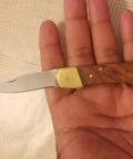 Handmade Folding Pocket Knife With Rosewood Handle And Brass Bolsters in hand, 2.2 inch stainless blade, 3 inch closed length