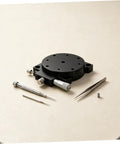 Insanely Steady Manual Precision Rotation Stage With Hella Smooth 60mm Aluminum Base and Ridiculously Precise Dial Control for Slick Optical Alignment and Heavy Duty Workspace Projects, featuring a black rotary base with precision tools.