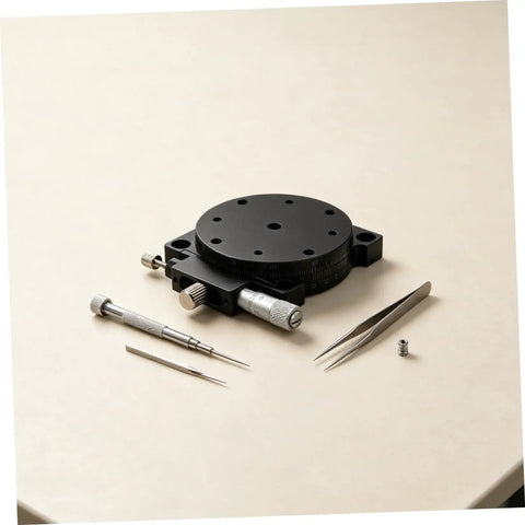 Insanely Steady Manual Precision Rotation Stage With Hella Smooth 60mm Aluminum Base and Ridiculously Precise Dial Control for Slick Optical Alignment and Heavy Duty Workspace Projects, featuring a black rotary base with precision tools.