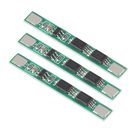 12 Pack 1S 3.7V 4A BMS Protection Board For 18650 Lithium Ion Cells showing three compact protection modules on a green circuit board.