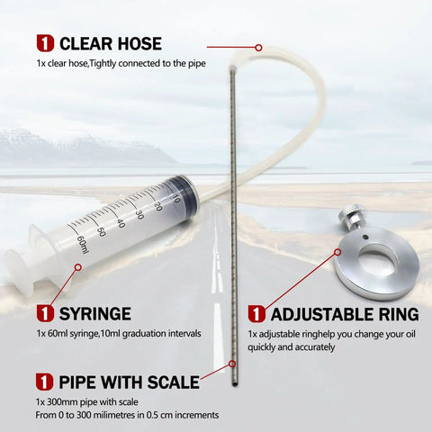 Must Have Motorcycle Fork Service Kit With Oil Level Gauge And Damper Bleed Tool showing syringe, clear hose, and scale