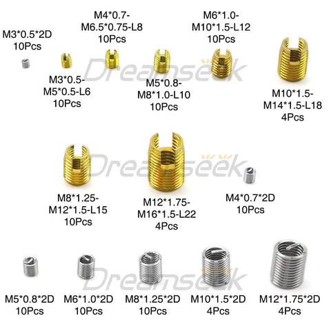 Grab This Awesome 116 Piece Helicoil Thread Inserts And Self Tapping Assortment Kit Covering M3 To M12 Sizes With Premium Stainless Steel And Carbon Build For Serious Fixes, featuring various metal thread inserts.