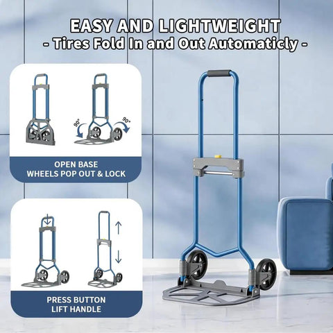 Heavy Duty Folding Hand Cart With Telescopic Handle For Shopping Groceries Travel And Home Use, Portable Dolly Cart Supports Up To 200 Pounds