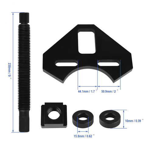 Universal Wheel Bearing Hub Removal Tool Kit components with threaded rod, steel plates, and spacers for 5 6 and 8 lug hubs.