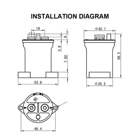 Powerful Heavy Duty 48V DC Contactor And Power Relay Switch installation diagram with dimensions and wiring details.