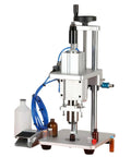 High Speed Pneumatic Vial Sealing Machine For Aluminum Glass Bottles with foot pedal and various bottle sizes shown.
