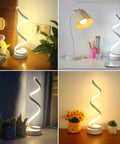 Spiral LED Desk Lamps Set Of 2 10W Modern Bedside Lights displayed in various settings, highlighting their sleek spiral design.
