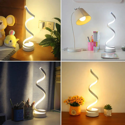 Spiral LED Desk Lamps Set Of 2 10W Modern Bedside Lights displayed in various settings, highlighting their sleek spiral design.