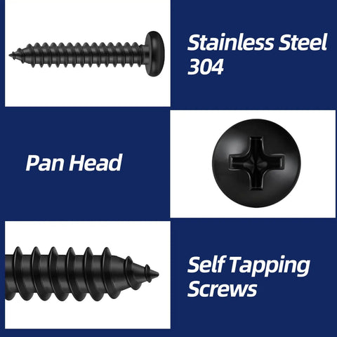 Tough As Nails Number 8 By One Half Pan Head Self Tapping Screws With Black Oxide Coating 304 Stainless Steel Fasteners for wood works.