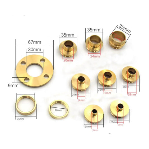 Solid As A Rock Metric Brass Router Guide Bushing Set components measuring 18mm to 67mm for template tracking.