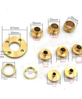 Heavy Duty Metric Router Guide Bushing Set With Killer Brass Template Guides and Precision Lock Nuts Adapter For Smoother Woodworking Cutouts Dovetails And Hinge Routing Includes Sturdy Storage Case, showing various brass bushings and sizes.