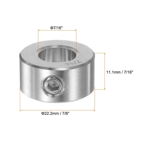 4 Pack Shaft Collars 304 Stainless Steel Bore Seven Sixteenth Inch Outer Diameter Seven Eighths Inch Width Seven Sixteenth Inch Set Screw Rings
