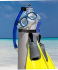 Scuba Tank Carrier Strap With Durable Neoprene Fastening Band For Secure Gear Handling, flippers and snorkel attached.