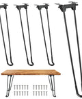 Built Tough 16.5 Inch Folding Hairpin Legs Four Pack Heavy Duty Iron Coffee Table Base Matte Black Finish and wooden tabletop.