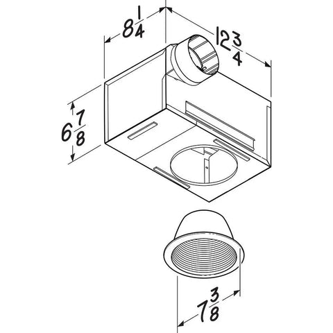 Dimensions diagram of Recessed Light Ventilation Fan With Adjustable Mounting Brackets, 50 Or 80 CFM, Ultra Quiet 0.3 To 2 Sones