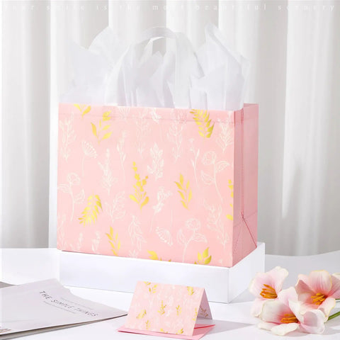 Two Pack 13 Inch Large Gift Bags Set With Greeting Card And Tissue Paper Reusable Nonwoven Gift Wrap Bags With Handles