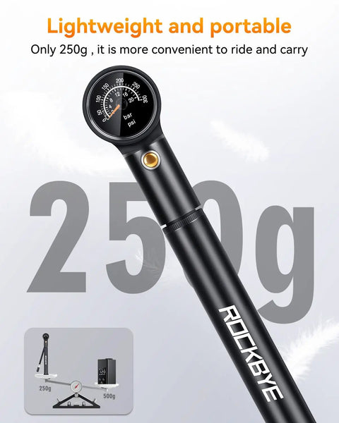 Dope Portable Bike Pump With Gauge 300 PSI High Pressure Hand Pump 250g weight and gauge shown, compact design.
