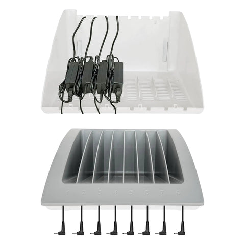 Dope Heavy Duty Six Pack Laptop And Tablet Charging Station With Versatile Desktop Organizer Rack For Up To 15 6 Inch Chromebook MacBook Surface Pro Tech Rig showing internal power connectors and charging slots.