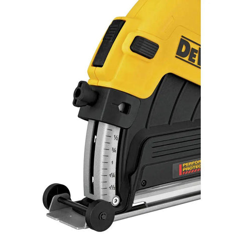 Close-up of yellow and black angle grinder with 7 Inch Cutting Dust Shroud For Angle Grinders With Adjustable Shoe And Plunging Dust