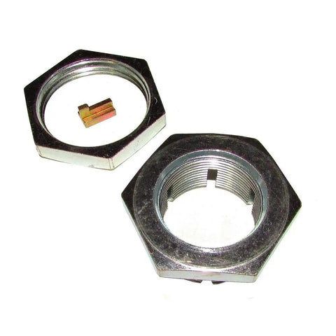 Mega Sturdy Clamp Lock Nut 1-1/4 18 Thread Replacement For Ford And New Holland Tractor Models 8N showing two heavy-duty locking nuts.