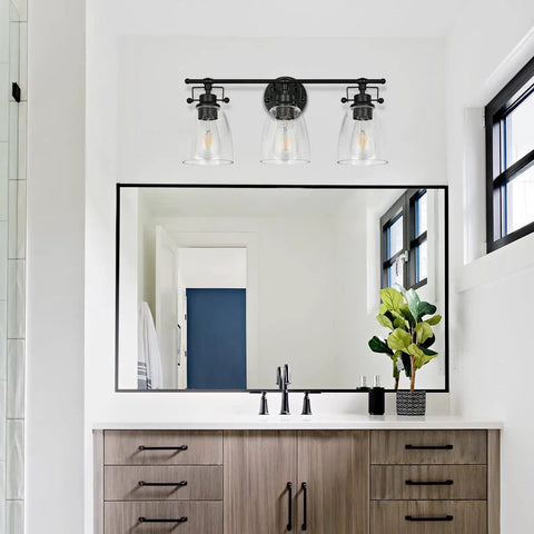 Dope 3-Light Modern Black Vanity Light Fixture With Seeded Glass Shade And Metal Base, 21 Inch Over Mirror Bath Lighting