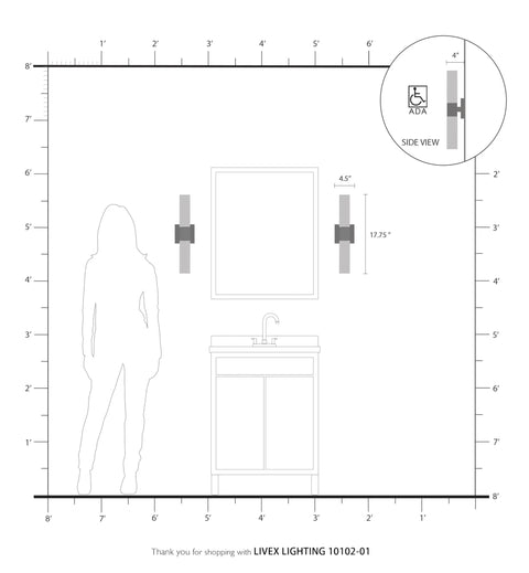 Aero ADA Bath Vanity Light Bar, 2 Light, Antique Brass Finish dimensions and installation guide with silhouette for scale.