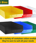 Beater Proof Chrome Storage Rack With 15 Slanted Bins For Snappy Tool Sorting In Compact Garages Workshops And Warehouses Heavyweight Capacity And Slick Design featuring colorful bins.