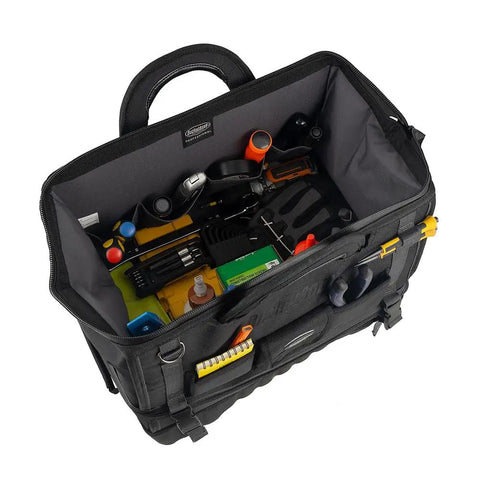 Open Pro Drop-Bottom Tool Bag With 15 Pockets, Waterproof Bottom, StayPut Handles, showcasing tools inside, top view.