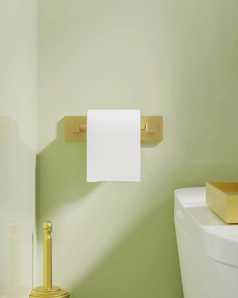 Gold Toilet Paper Holder Wall Mount With Double Post Pivoting Design Brushed Gold Finish Square Tissue Holder Roll Hanger Fits Mega Rolls Up To Six And A Half Inches Stainless Steel And Zinc Alloy Modern Bathroom Accessory next to toilet