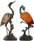 Crane Bird Stained Glass Table Lamp With Resin Accents, Retro Vintage LED Desk Light, 10 Inch Base, vivid brass finish