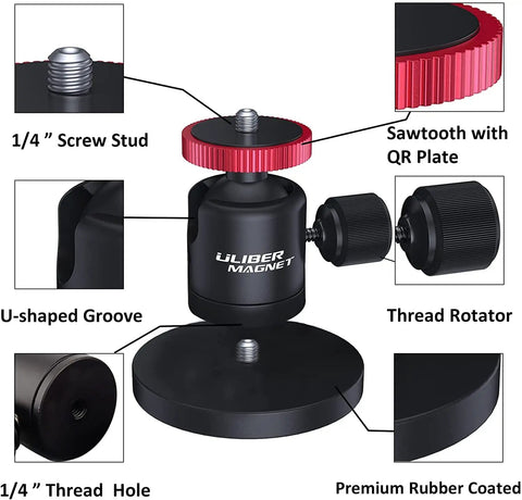 60lb Magnetic Camera Mount With Mini Ball Head Rubber Coated Neodymium Magnet Quarter Inch 20 Tpi Male Thread Stud Heavy Duty Base