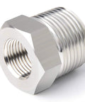 Five Pack Beefy Heavy Duty Forged 304 Stainless Steel Reducer Hex Bushing From Half Inch Male NPT To Three Eighths Inch Female NPT Industrial Pipe Fitting Adapters With Protective Case, close-up threaded view