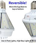 Oberon II Series 80W LED High Bay Light Bulb Delivers Up To 9,800 Lumens At 5000K Bright White, reversible E39 E26 base detail