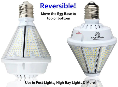 Oberon II Series 80W LED High Bay Light Bulb Delivers Up To 9,800 Lumens At 5000K Bright White, reversible E39 E26 base detail
