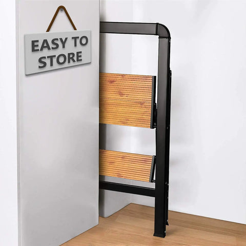 Ultra Lightweight Aluminum 2 Step Folding Step Stool With Handle Compact 8 Pound Ladder In Black And Brown Classic Wood Look No Wood Rot