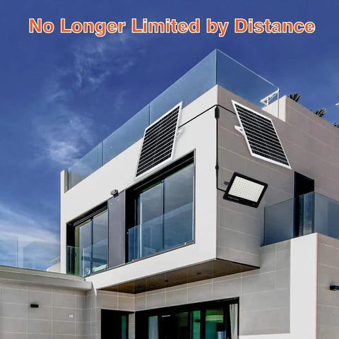 Modern house with solar panels and flood lights illustrating Solar Extension Cable 5m 16.4 Ft Two Core With Plug Waterproof IP65.