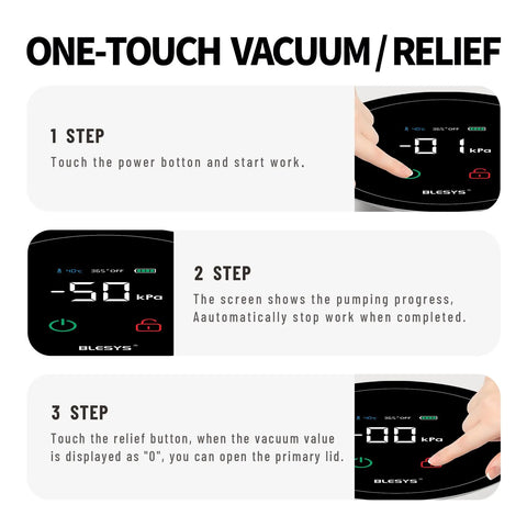 Top Shelf Automatic Vacuum Coffee Canister With Stainless Steel Build Digital Display showing one-touch operation instructions.