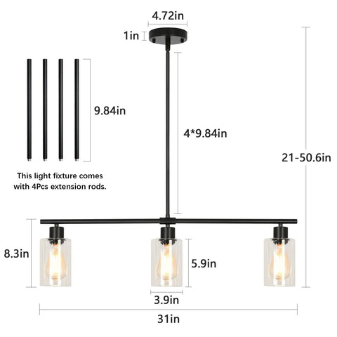 Three Light Modern Chandeliers For Kitchen Island Pendant Lighting adjustable height with wrought iron and glass shade dimensions