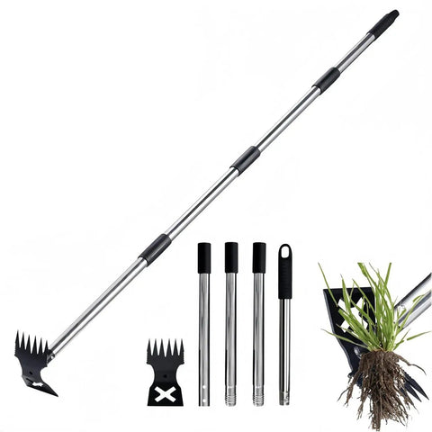 58 Inch Long Handle 2-in-1 Weed Puller And Hoe Garden Tool With A 6-Tine Weed Rake And Sharp Hoe for Easy Uprooting of Weeds shown dismantled.