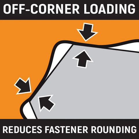 Diagram showing off corner loading feature on wrench to reduce fastener rounding with arrows illustrating load distribution