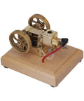 Top Tier Miniature Hit And Miss Engine 1.6cc Horizontal Four Stroke Gasoline Motor brass engine on wooden base, showcasing governor and wheels.