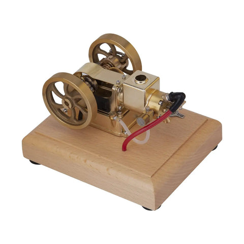 Top Tier Miniature Hit And Miss Engine 1.6cc Horizontal Four Stroke Gasoline Motor brass engine on wooden base, showcasing governor and wheels.