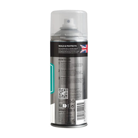 Side view of Stop Leak Sealer Spray Instant Waterproof Sealant 400ml can with instructions label and UK flag, 14 oz size