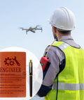 Mechanical Engineer Gifts Leather Journal Notebook With Premium Leather Cover next to engineer with drone in the background