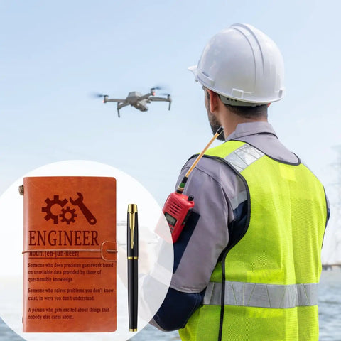 Mechanical Engineer Gifts Leather Journal Notebook With Premium Leather Cover next to engineer with drone in the background