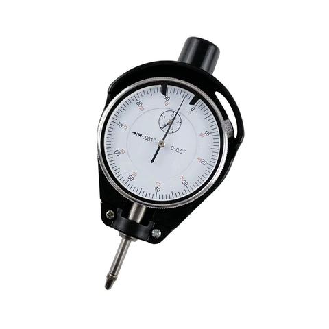 Front view of AeKeatDa dial indicator bore gauge, 2-6 inch range, black housing, white dial, 6 inch stem with carbide anvils.