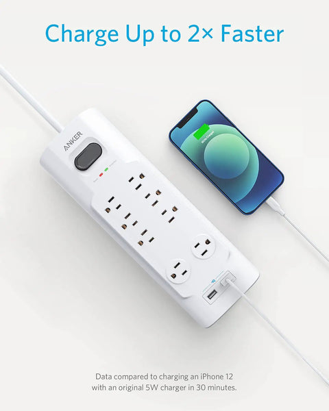 Power Strip Surge Protector With USB, 6 Foot Extension Cord, 8 Outlets And 2 USB Ports, charging iPhone with PowerIQ technology