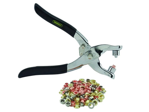 Eyelet Setting Pliers With 100 4mm Eyelets In Copper Silver And Gold Finishes For Leather Plastic Rubber Canvas Cardboard Diy Projects Quick And Easy Pro Style Eyelet Installation, pliers and eyelets on white
